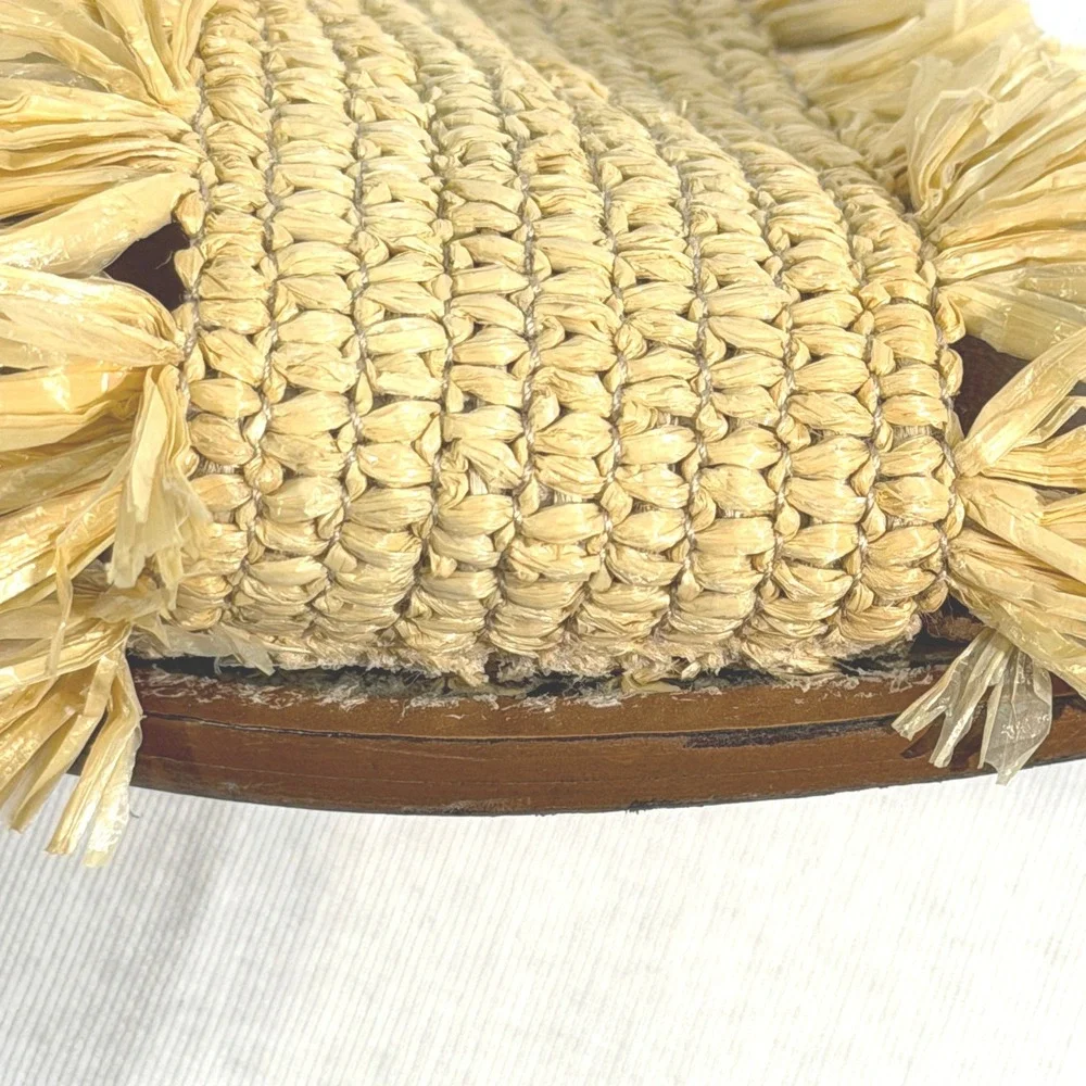 J.Crew Sorrento Raffia Fringe Slide Sandals Tan Brown Leather Size 8‎